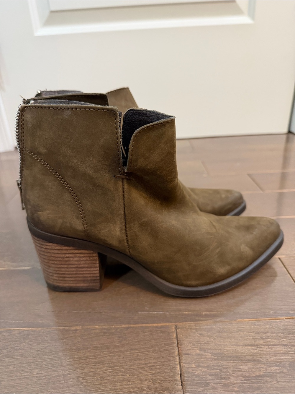 Steve Madden Olive Green Nubuck Ankle Booties with Stacked Heel